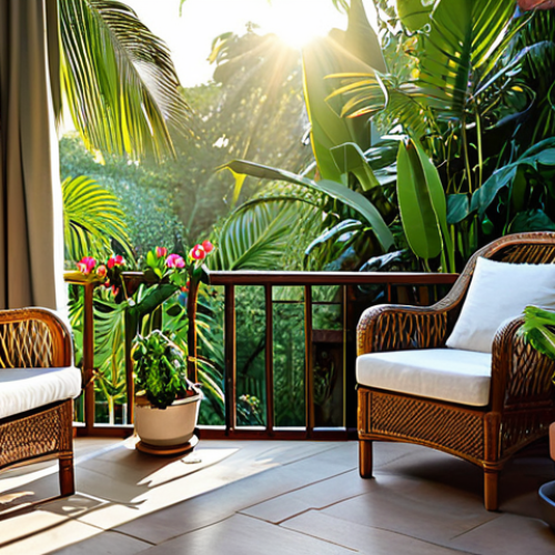 Home 4 Serene Balcony Scene**
"A cozy balcony overlooking a lush tropical garden at sunrise, filled with potted plants and blooming flowers, a comfortable rattan chair with a soft cushion, sunlight streaming through, curtains gently swaying in the breeze, sounds of birds chirping, fully clothed person reading a book, modest clothing, appropriate attire, safe for work, perfect anatomy, natural proportions, professional photography, high quality, family-friendly, aromatherapy candles on a small table, focus on relaxation and tranquility, soft lighting."
**