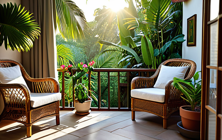 Serene Balcony Scene**
"A cozy balcony overlooking a lush tropical garden at sunrise, filled with potted plants and blooming flowers, a comfortable rattan chair with a soft cushion, sunlight streaming through, curtains gently swaying in the breeze, sounds of birds chirping, fully clothed person reading a book, modest clothing, appropriate attire, safe for work, perfect anatomy, natural proportions, professional photography, high quality, family-friendly, aromatherapy candles on a small table, focus on relaxation and tranquility, soft lighting."
**